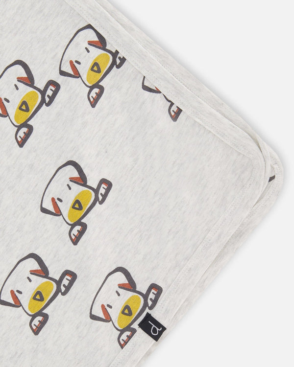 Organic Cotton Blanket Heather Beige With Printed Dog - F30AD_080