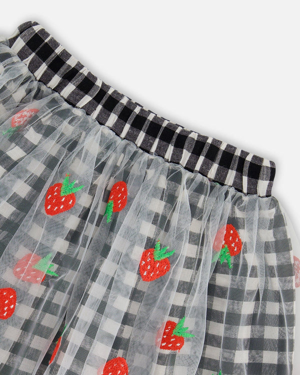 Skirt With Embroidered Mesh Little Vichy Black And White - F30K80_029