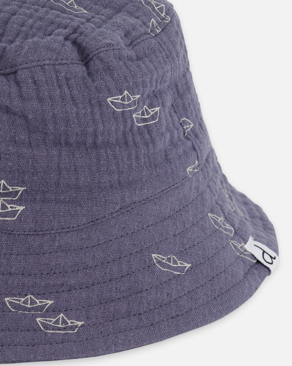 Printed Muslin Bucket Hat Navy Blue Paper Boats - G30AH_065