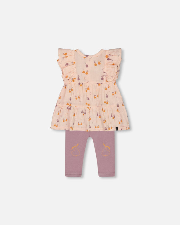 Printed Muslin Tunic And Organic Cotton Legging Set Peach With Pears And Purple - G30B10_070