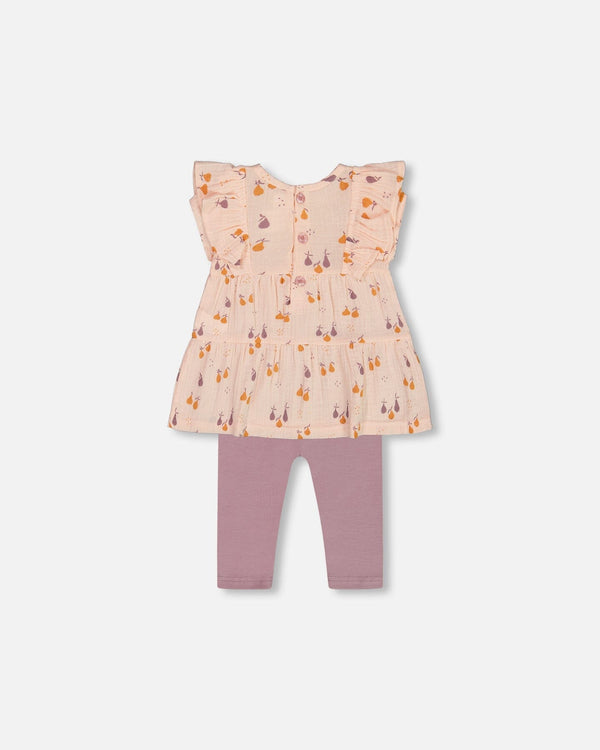 Printed Muslin Tunic And Organic Cotton Legging Set Peach With Pears And Purple - G30B10_070