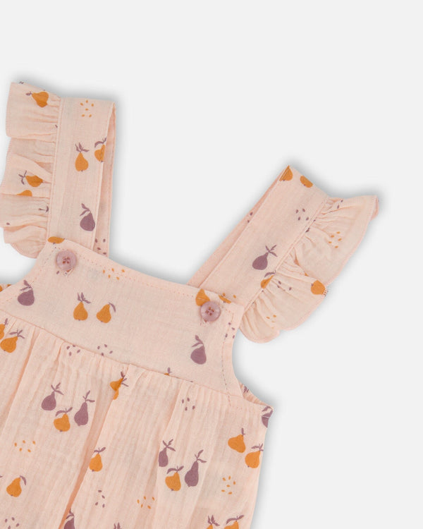 Printed Muslin Shortall And Organic Cotton Onesie Set Peach With Pears - G30B14_070