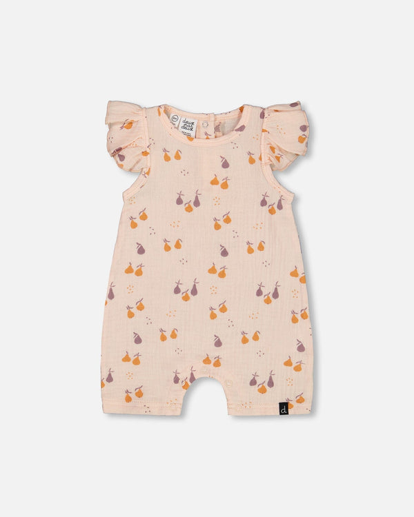 Printed Muslin One Piece Romper Peach With Pears - G30B40_070