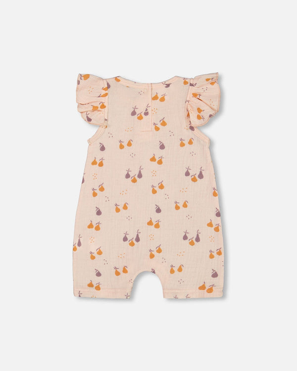 Printed Muslin One Piece Romper Peach With Pears - G30B40_070