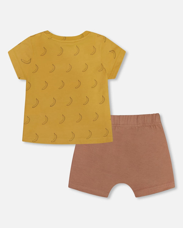 Printed Organic Cotton Top And Short Set Brown, Yellow, And Bananas - G30C12_144