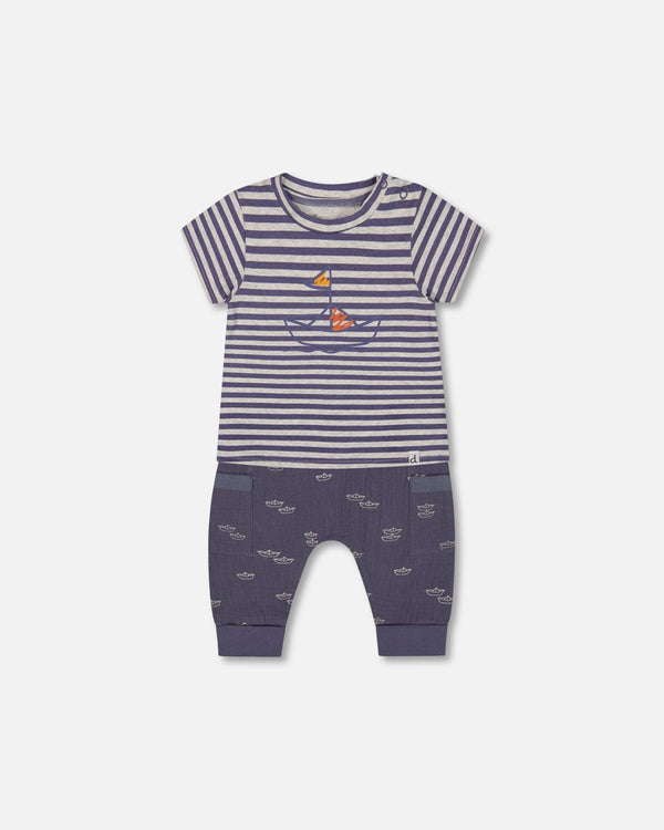 Organic Cotton Top And Muslin Pant Set Striped Navy - G30D10_066