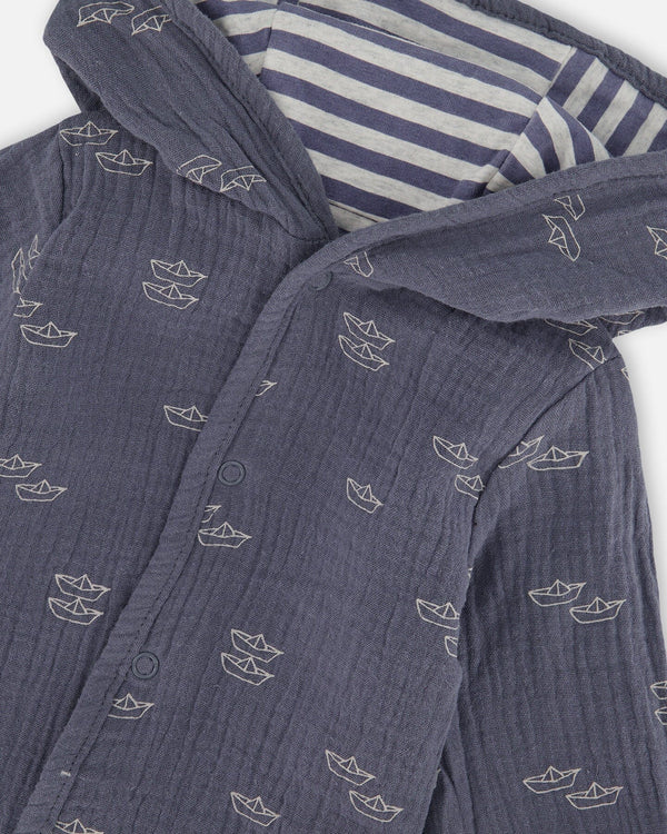 Reversible Organic Cotton Hooded Jacket Navy Striped Blue - G30D30_000