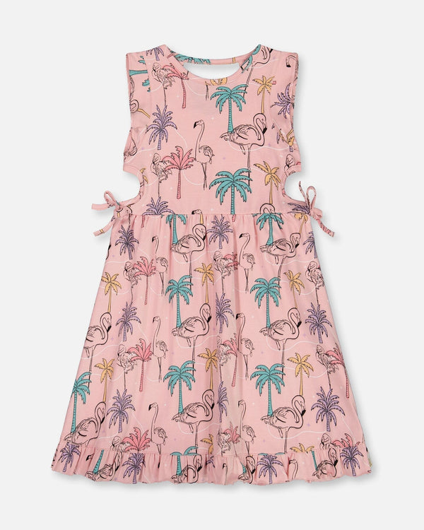 Printed Organic Cotton Dress With Cut Outs Palm Trees, Pink Flamingo, And Turquoise - G30H86_039