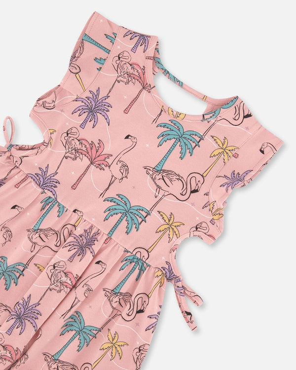 Printed Organic Cotton Dress With Cut Outs Palm Trees, Pink Flamingo, And Turquoise - G30H86_039