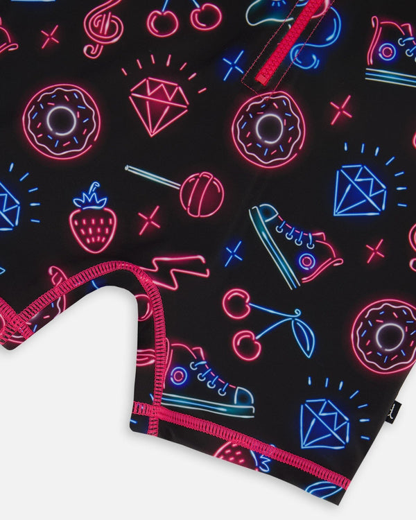 Printed Long Sleeve One-Piece Rashguard Black And Blue And Pink Items - G30NG41_051