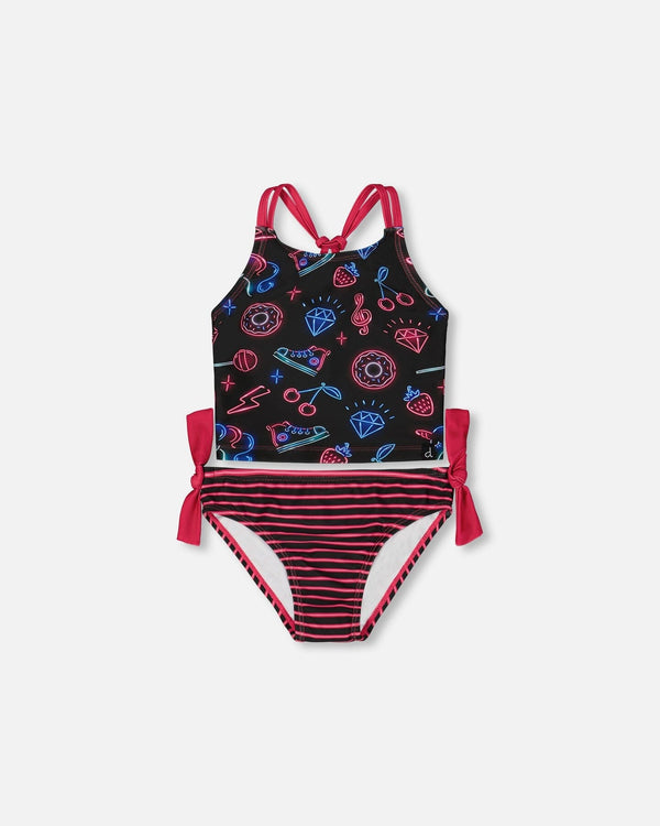Printed Two-Piece Swimsuit Black And Blue And Pink Items - G30NG42_051