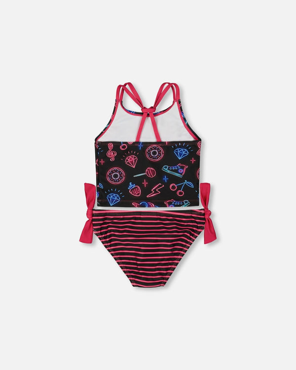 Printed Two-Piece Swimsuit Black And Blue And Pink Items - G30NG42_051