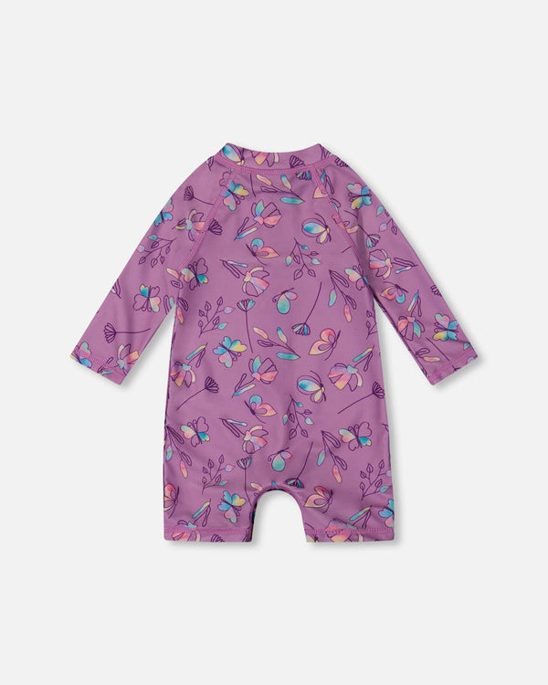 Printed Long Sleeve One-Piece Rashguard Old Mauve And Multicolored Butterflies - G30NG60_054