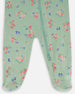 Printed Organic Cotton One-Piece Pajama Small Pink And Blue Flowers On Light Sage Pajamas Deux par Deux