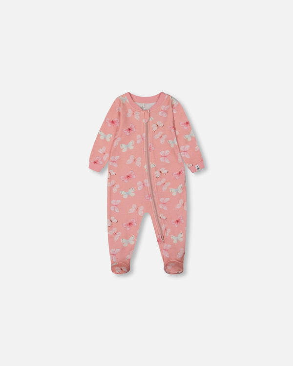 Printed Organic Cotton One-Piece Pajama Pink And Blue Butterflies On Old Pink Pajamas Deux par Deux