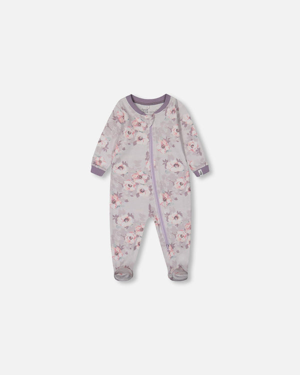 Printed Organic Cotton One-Piece Pajama Pale Pink Flowers On Neutral Lilac Pajamas Deux par Deux