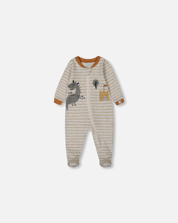 Printed Organic Cotton One-Piece Pajama Dinosaur On Mottled And Tan Background Pajamas Deux par Deux 3m