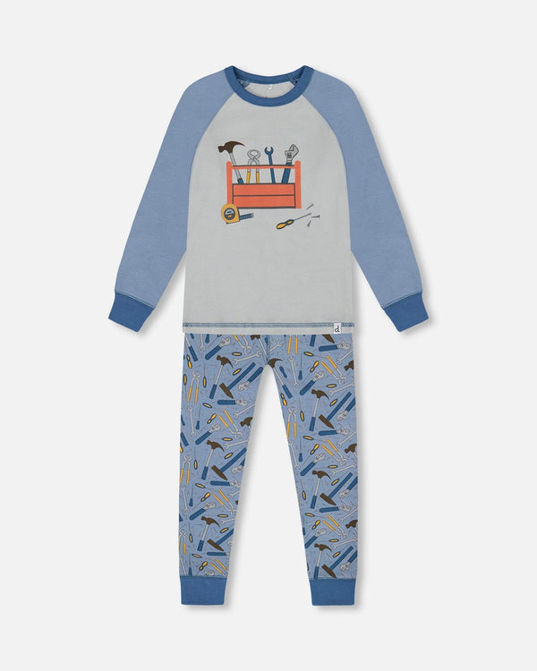 Organic Cotton Long Sleeve Top And Pants Two-Piece Pajama Set Tools On Bluish Gray Background Pajamas Deux par Deux 12m