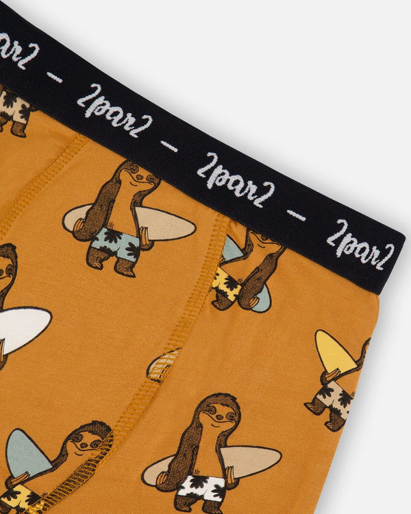 Printed Organic Cotton Boxer Shorts Sloths On Tan Background - G30PB60_044