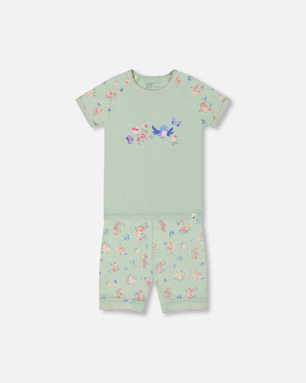 Organic Cotton Two-Piece Short Pajama Set Small Pink And Blue Flowers On Light Sage Pajamas Deux par Deux 12m