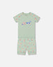 Organic Cotton Two-Piece Short Pajama Set Small Pink And Blue Flowers On Light Sage Pajamas Deux par Deux 12m