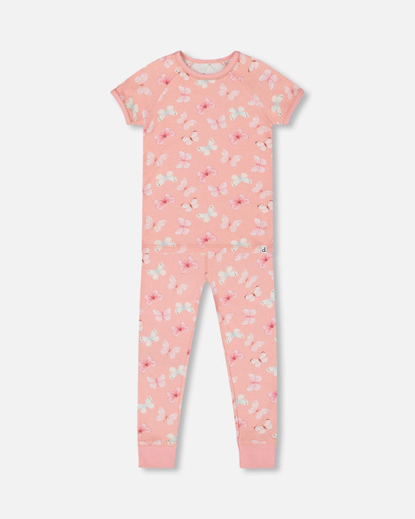 Organic Cotton Short Sleeve Top And Pant Pajama Set Pink And Blue Butterflies On Old Pink Pajamas Deux par Deux 12m