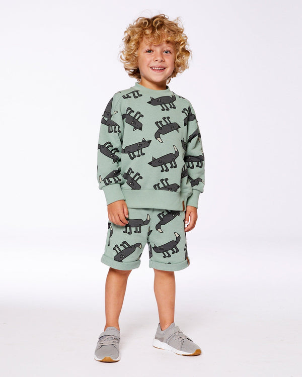 Printed French Terry Short Gray Wolf On Teal Background - G30U27_158