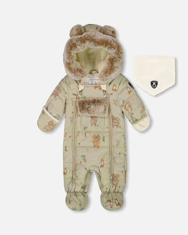 One-Piece Baby Layette Snowsuit Designed For Car Seat Green Animal Print - H10A601_002