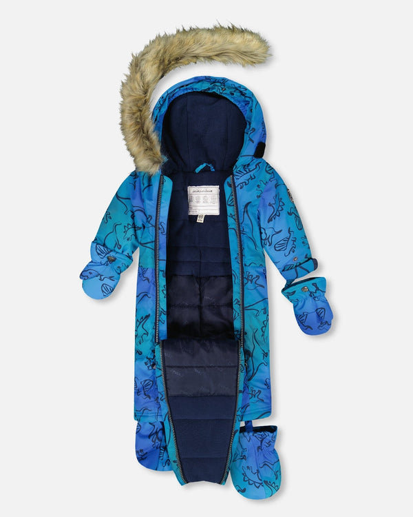 One-Piece Baby Play Snowsuit Designed For Car Seat Blue Gradient Dinosaur Print - H10PBB75_027