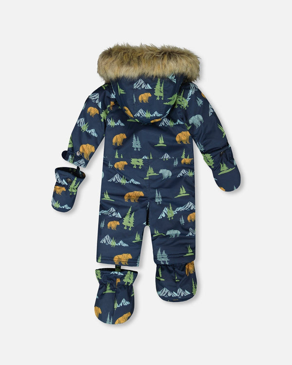 One-Piece Baby Play Snowsuit Designed For Car Seat Navy Animal Print - H10PBB75_030