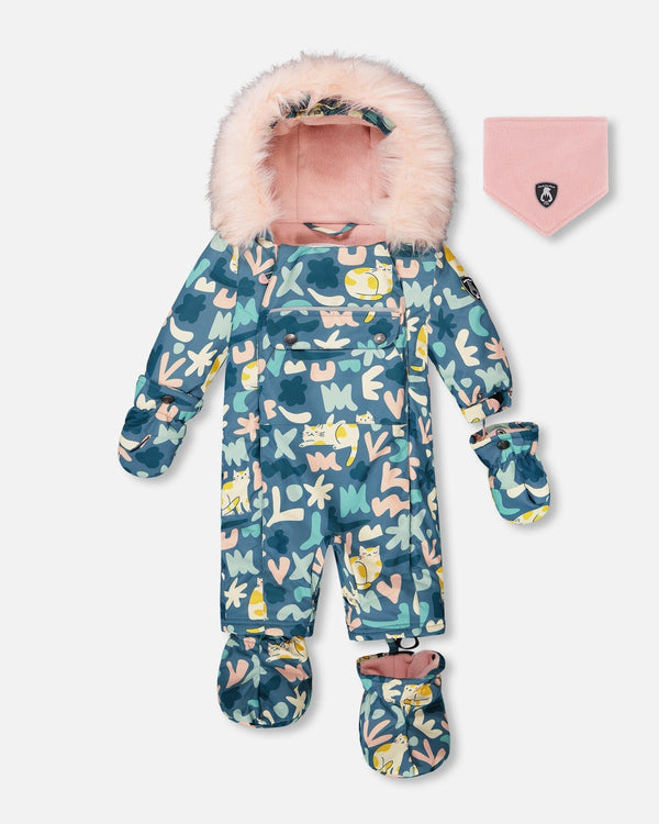 One-Piece Baby Play Snowsuit Designed For Car Seat Green Cat Print - H10PBG74_006