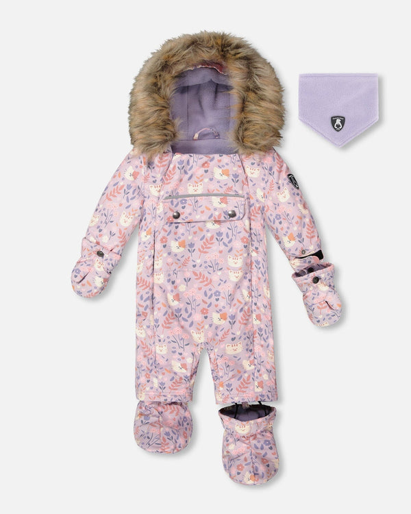 One-Piece Baby Play Snowsuit Designed For Car Seat Lilac Cat Print - H10PBG74_008