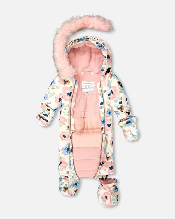 One-Piece Baby Play Snowsuit Designed For Car Seat Off-White Flower Print - H10PBG74_009