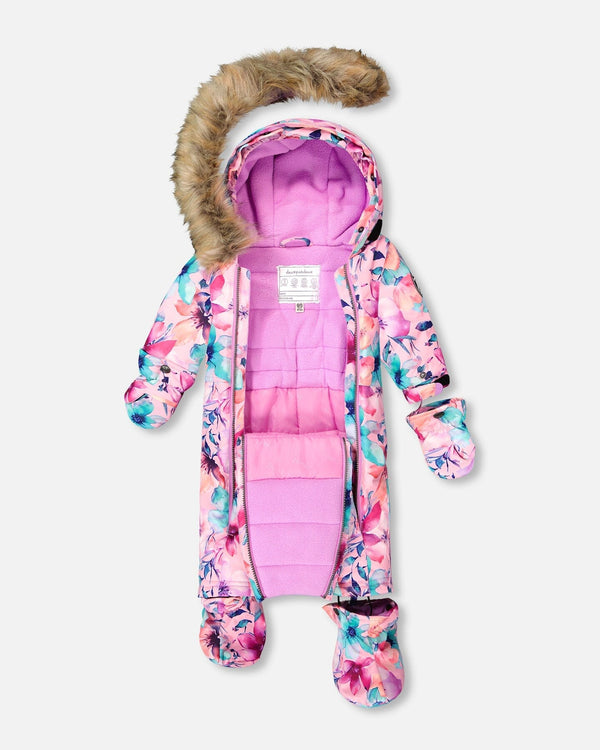 One-Piece Baby Play Snowsuit Designed For Car Seat Pink Watercolor Flower Print - H10PBG74_012