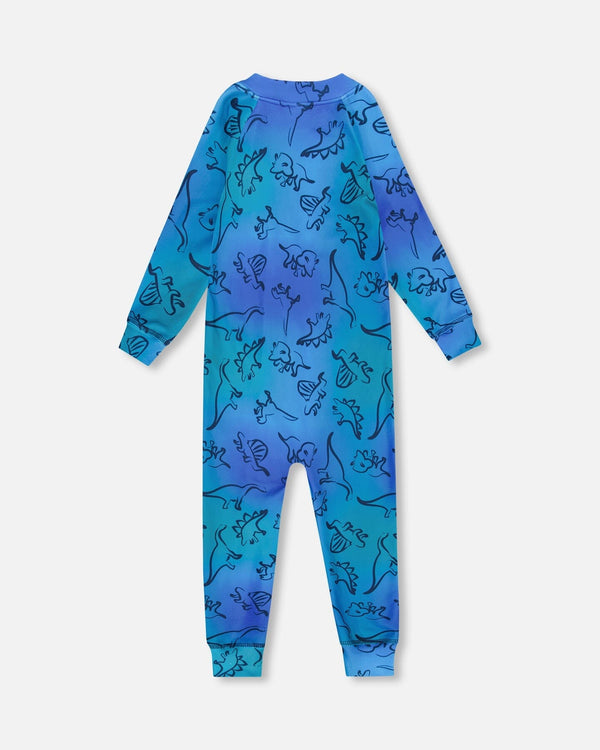 One-Piece Thermal Underwear Blue Gradient Dinosaur Print - H10Y700_027