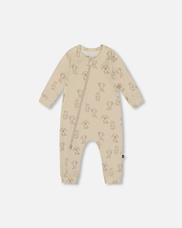 Organic Cotton Zipped Romper Beige Puppy Print - H20C42_050