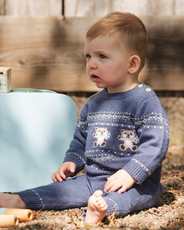Knitted Jacquard Sweater And Pant Set Blue Gray With Bears - H20DT10_774