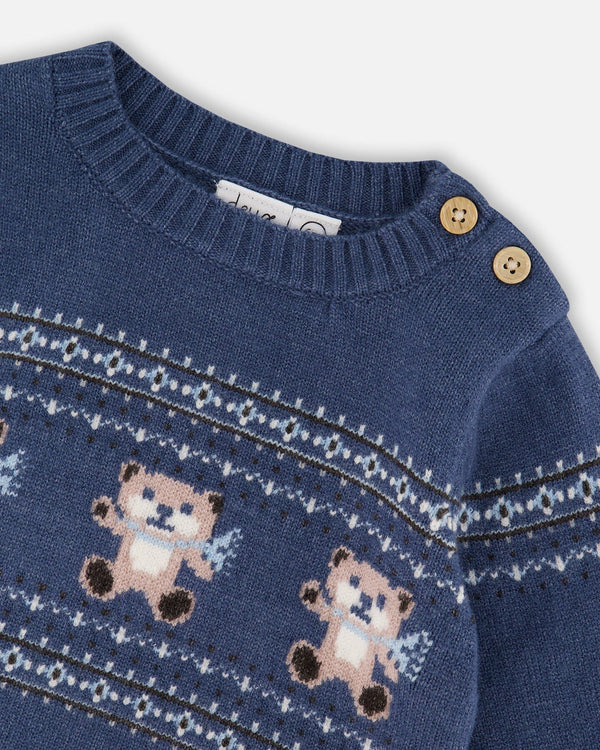 Knitted Jacquard Sweater And Pant Set Blue Gray With Bears - H20DT10_774