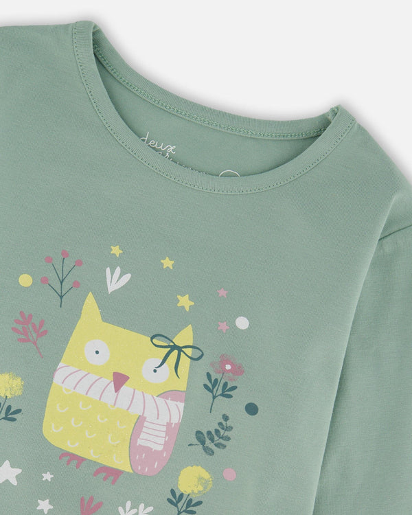 Organic Cotton Jersey Top Jade Green With Owl - H20F71_325