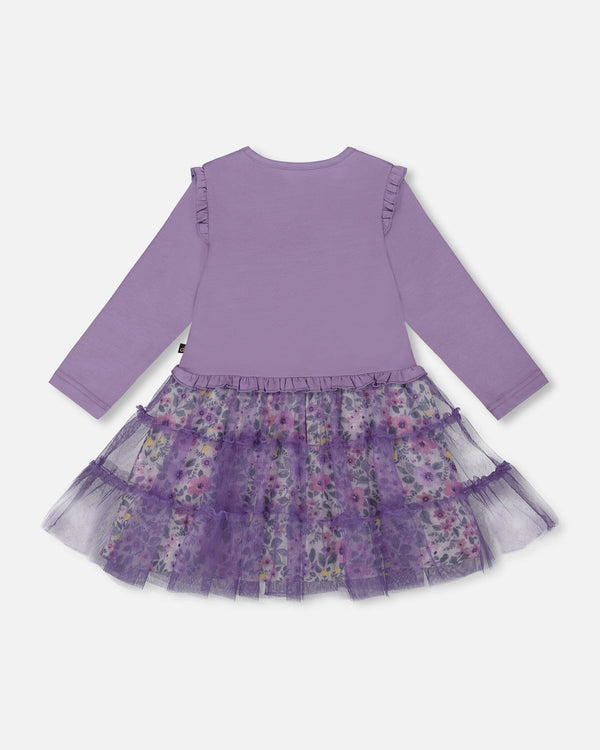Bi-Material Dress With Muslin And Mesh Skirt Purple Gray - H20F89_547