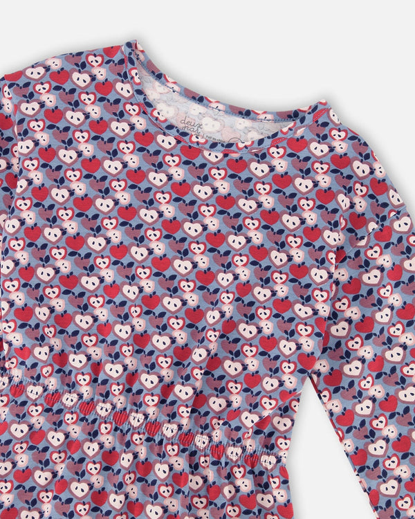 Organic Cotton Dress With Flounce Hem Blue Apple Print - H20I85_080
