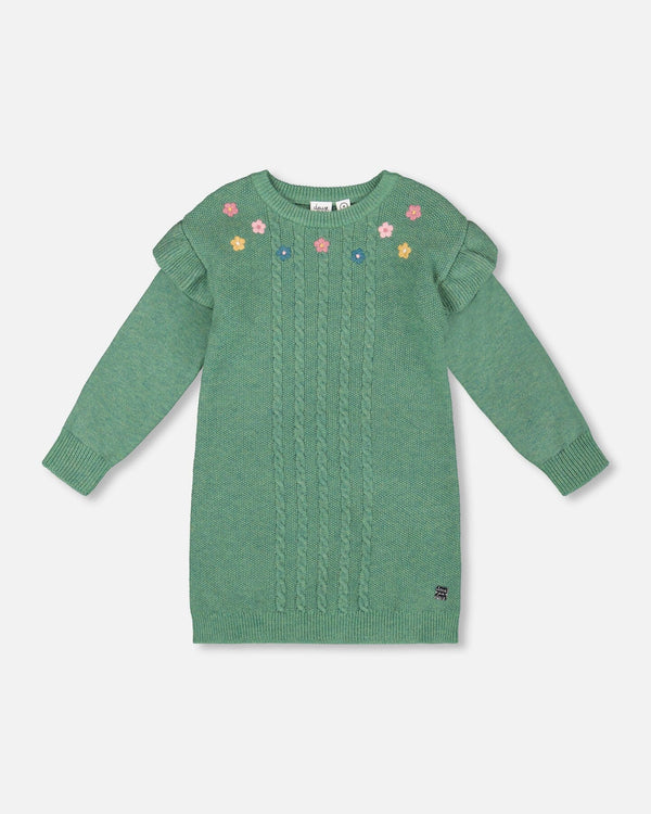 Knitted Dress Sage Green With Ruffles And Floral Embroidery - H20JT85_340