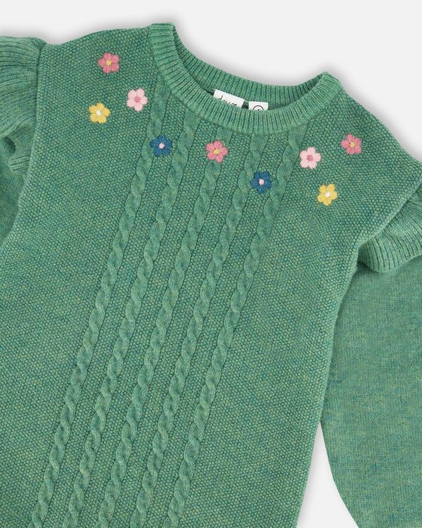 Knitted Dress Sage Green With Ruffles And Floral Embroidery - H20JT85_340