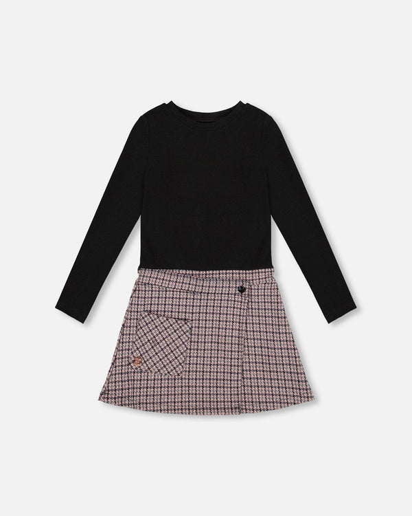 Bi-Material Dress Black And Houndstooth - H20K86_076