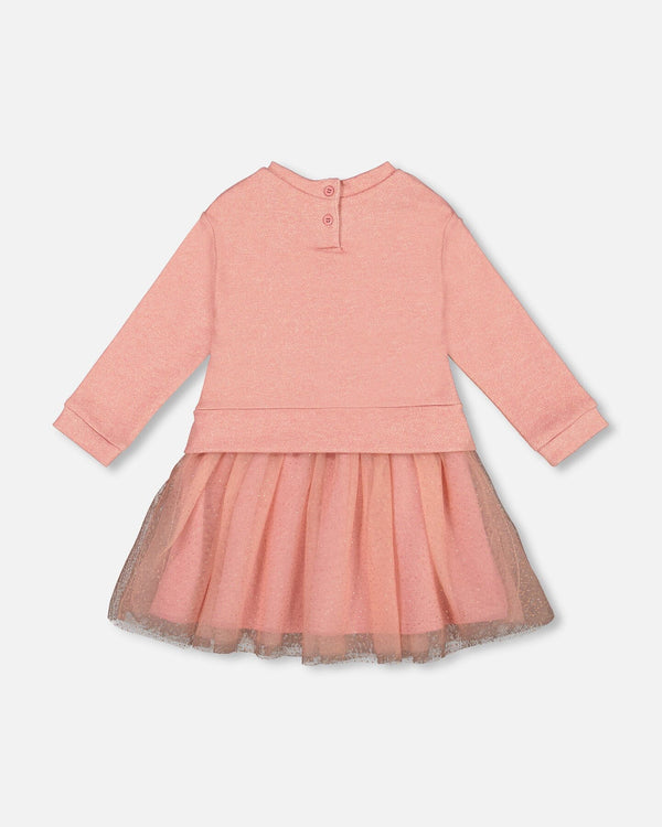 Bi-Material Dress Dusty Pink With Mesh Skirt And Unicorn - H20K87_681