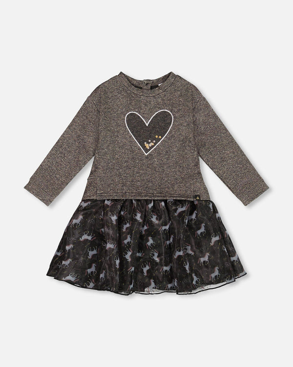 Bi-Material Dress Black With Mesh Skirt And Heart - H20K87_999
