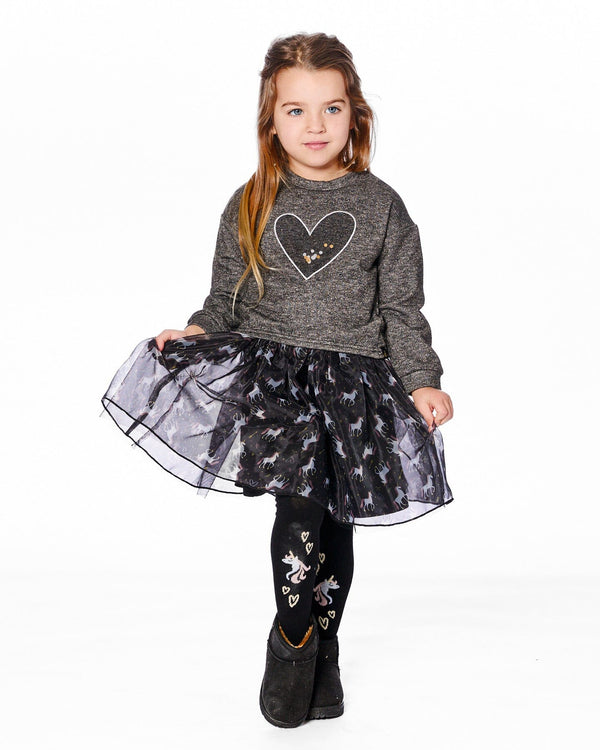 Bi-Material Dress Black With Mesh Skirt And Heart - H20K87_999