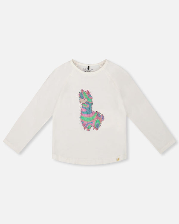 Organic Cotton T-Shirt Off White With Llama - H20M70_101