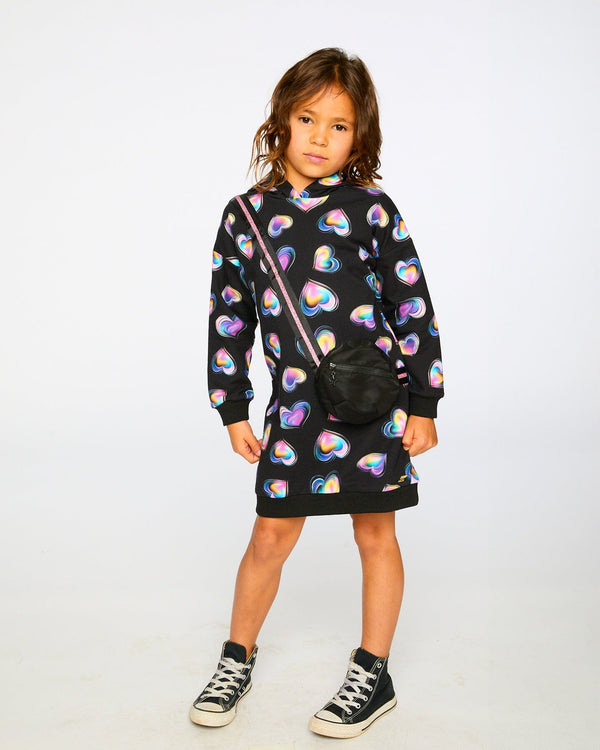 Hooded Fleece Dress Black And Multicolor With Trompe-L’Œil Bag Detail Dresses Deux par Deux