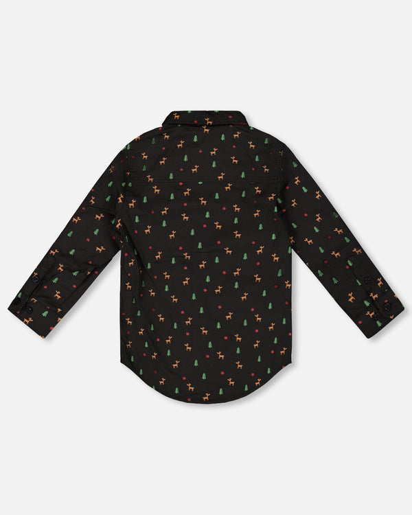Printed Poplin Shirt Black And Multicolor With Bow Tie - H20OB15_000